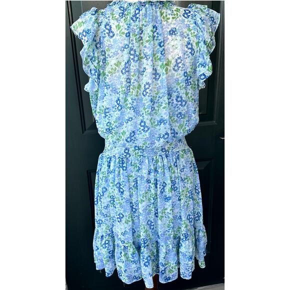 Shoshanna Sz 14 Blue Cottagecore Floral Smocked Waist Ruffled Hem Sheer w/ Slip - Picture 7 of 9